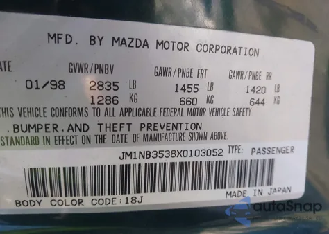 1999 Mazda Mx-5 Miata Leather Pkg/Popular Equipment Pkg/Sports Pkg/Touring Pkg z USA, uszkodzony, nr VIN JM1NB3538X0103052